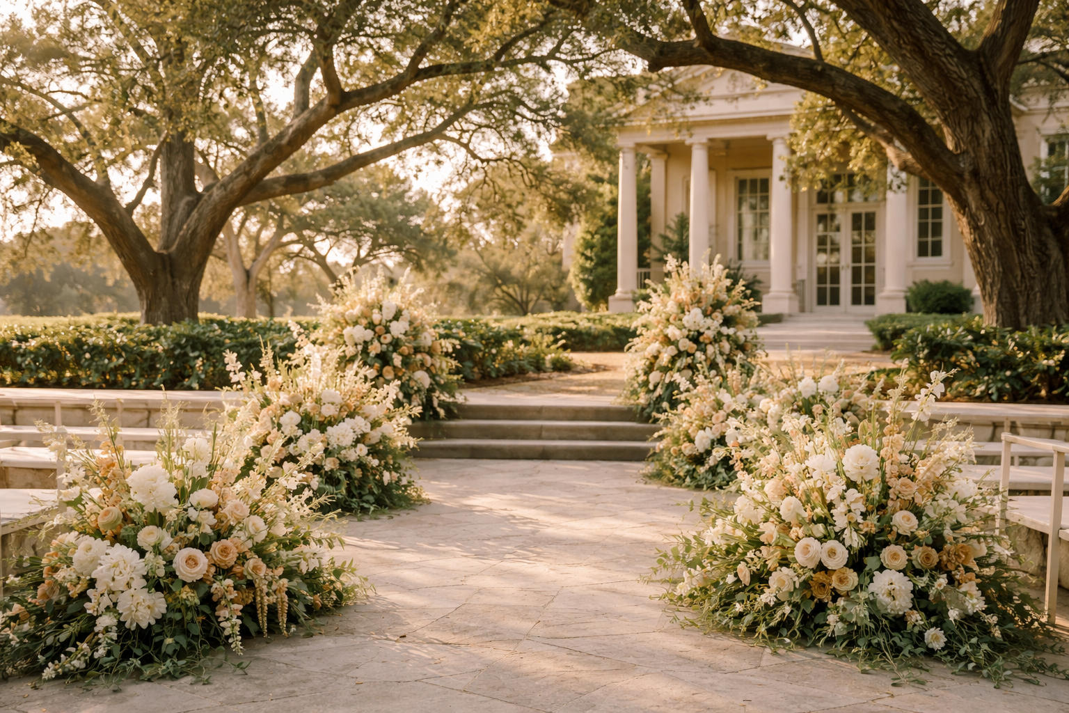 Garden wedding aisle lined with florals beneath live oaks